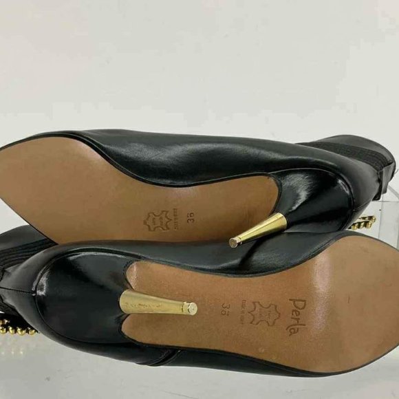 Perla Italy Designer Black Leather & Goldtone Clasp Pointed-Toe Ankle Boots 7.5 - Picture 5 of 5